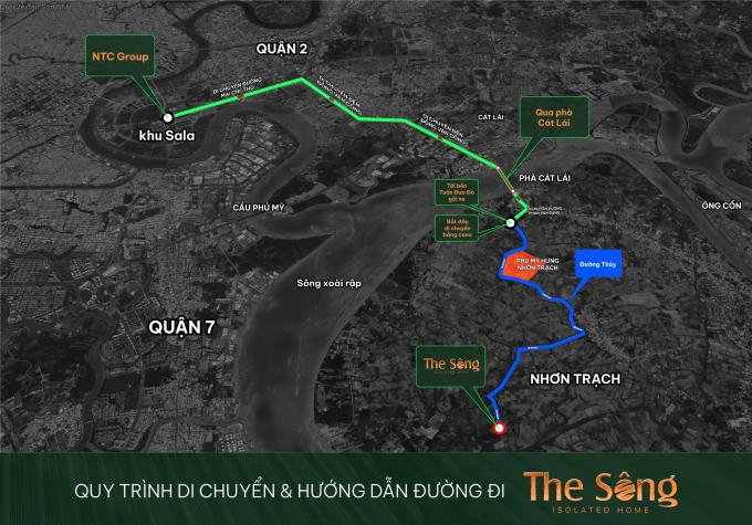 Quá trình di chuyển bắt đầu từ văn phòng Công ty NTC Group trên cung đường Mai chí Thọ - Đồng Văn Cống – Lê Thị Định rồi qua phà Cát Lái, đi thêm tầm 1km nữa là tới bên đò nhỏ, sau đó di chuyển bằng ca nô.