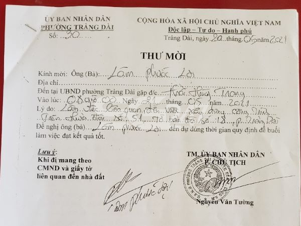 Thư mời ông Lâm Phước Lợi đến UBND phường Trảng Dài Làm việc