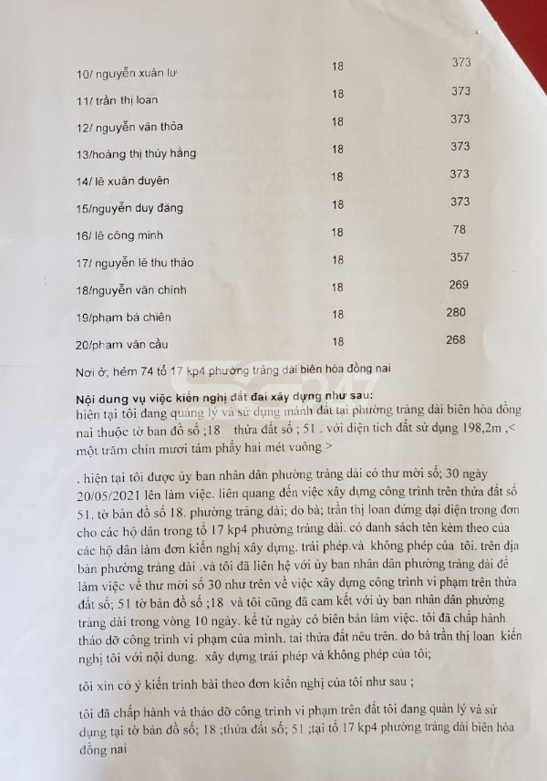 Nội dung Đơn kiến nghị của ông Lợi về việc kiểm tra, xử lý các căn nhà xây dựng trái phép của 20 hộ dân tại Tổ 17, Khu phố 4, phường Trảng Dài (Trang 2)