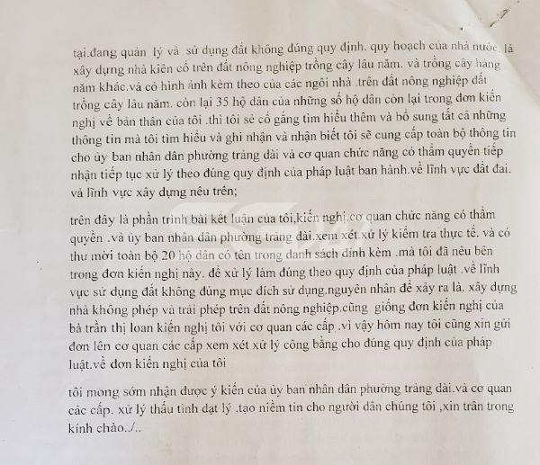 Nội dung Đơn kiến nghị của ông Lợi về việc kiểm tra, xử lý các căn nhà xây dựng trái phép của 20 hộ dân tại Tổ 17, Khu phố 4, phường Trảng Dài (Trang cuối)