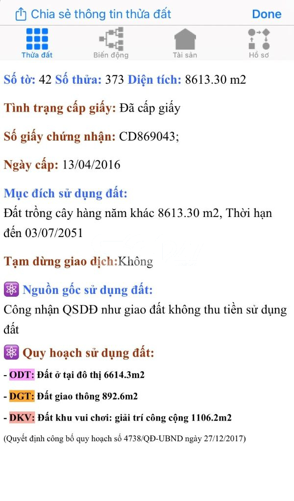 Thông tin về mục đích sử dụng thửa đất 373 tờ 42
