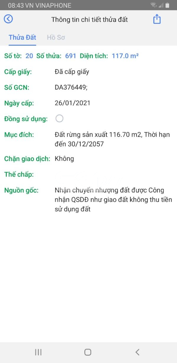 Thông tin thửa đất 691 tờ 20, mục đích sử dụng đất là đất rừng sản xuất (đất nông nghiệp không phù hợp, không được phép sử dụng để xây dựng nhà ở).