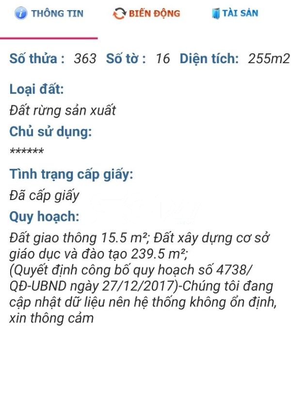 Thông tin thửa đất 363 tờ 16 ở thời điểm tháng 11/2020.