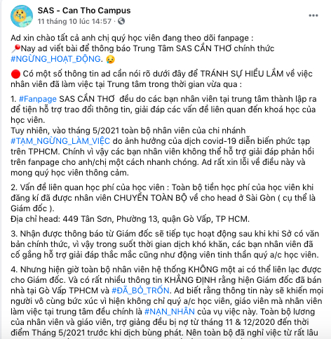 Trung tâm ngoại ngữ SAS Cần Thơ cũng dừng hoạt động đột ngột ẢNH CHỤP MÀN HÌNH