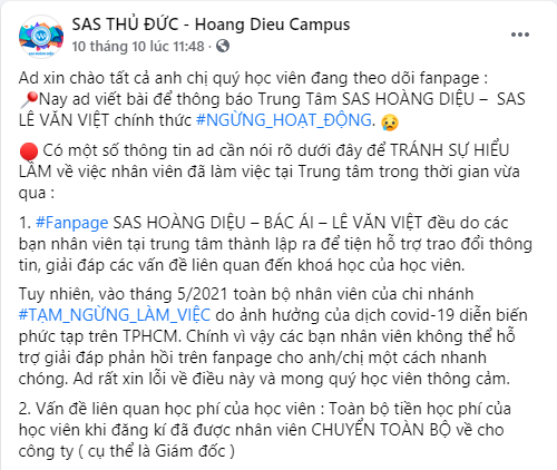 Trung tâm SAS tại Thủ Đức thông báo dừng hoạt động ẢNH CHỤP MÀN HÌNH