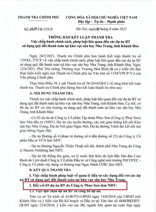 Kết luận Thanh tra đối với 3 dự án BT do Công ty Phúc Sơn làm nhà đầu tư. (Nguồn: Thanh tra Chính phủ).