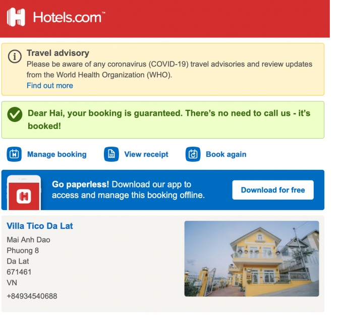 Xác nhận đặt phòng thành công từ Hotels.com của anh H.C CHỤP MÀN HÌNH