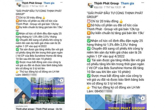 Các thông tin chào mời đầu tư xuất hiện liên tục trên mạng. Ảnh chụp màn hình đã được làm mờ phần thông tin liên hệ để đảm bảo không xâm phạm thông tin cá nhân.