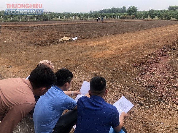 Nhân viên Công ty TNHH Tư vấn Địa ốc Đồng Tâm đang phân lô, bán nền rầm rộ, hàng chục nghìn m2 đất nông nghiệp. (Ảnh: PV)