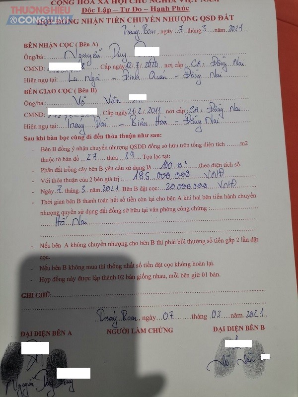 Hợp đồng nhận tiền chuyển nhượng QSD đất thiếu tính pháp lý, tiềm ẩn nhiều rủi ro…. (Ảnh: PV)