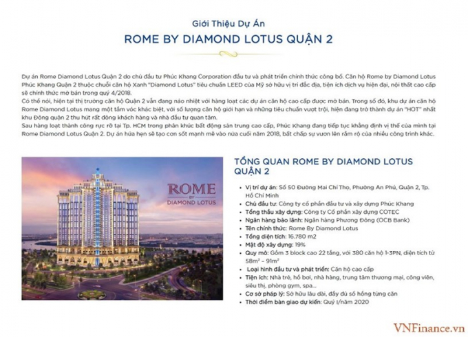 Các thông tin quảng cáo dự án Rome Diamond Lotus thời điểm rao bán rầm rộ năm 2018.