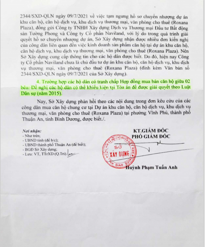 Văn bản trả lời của Sở Xây dựng Bình Dương