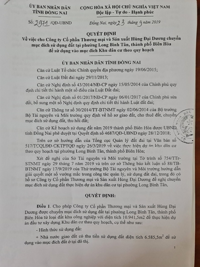 Quyết định cho chuyển mục đích sử dụng đất