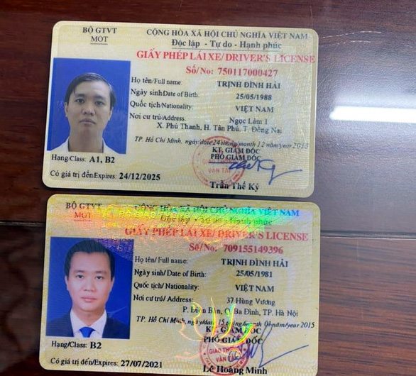 2 giấy phép lái xe có thông tin khác nhau - Ảnh: B.A