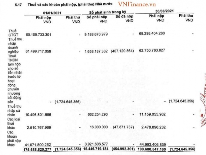Nguồn: Báo cáo tài chính 6 tháng đầu năm 2021 đã soát xét.