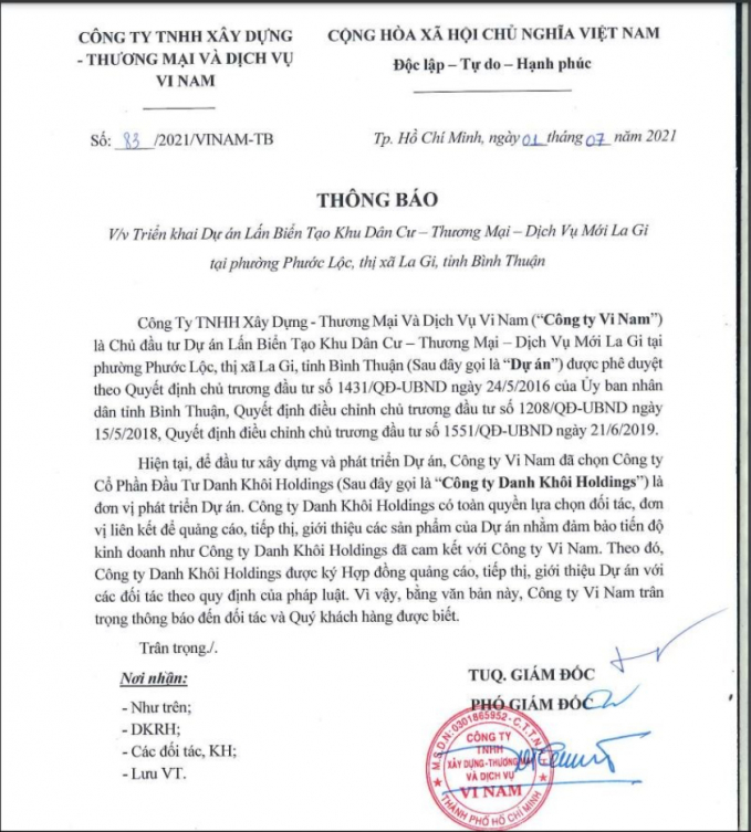 Thông tin Danh Khôi hợp tác với Vi Nam phát triển dự án Lagi New City.