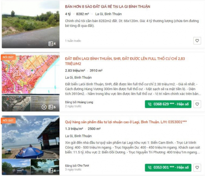 Một số thông tin rao bán đất tại thị xã Lagi.