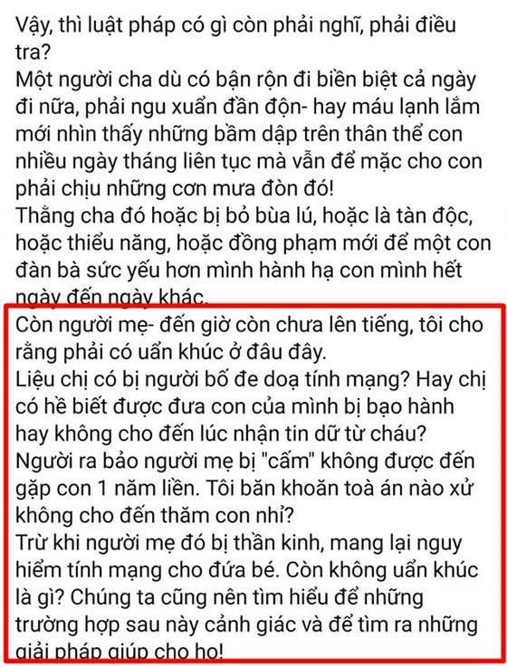 Bài viết của siêu mẫu Hà Anh có đoạn về mẹ đẻ cháu bé gây bức xúc với cộng đồng mạng. (Ảnh chụp lại trên trang cá nhân Hà Anh, trước khi bài viết này được xóa).