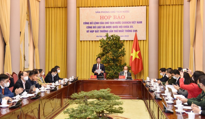 Văn phòng Chủ tịch nước tổ chức họp báo công bố Lệnh của Chủ tịch nước đối với Luật sửa đổi, bổ sung một số quy định của 9 luật đã được Quốc hội khóa XV thông qua tại kỳ họp bất thường lần thứ nhất (Ảnh: VGP)