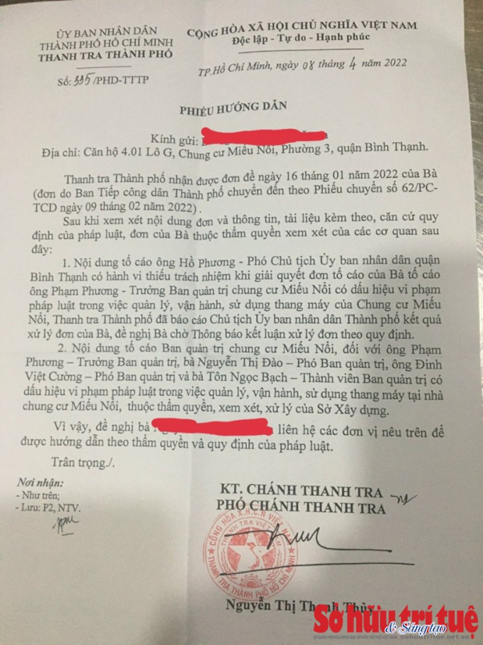 Thanh tra TP.HCM phản hồi đơn tố cáo của cư dân.