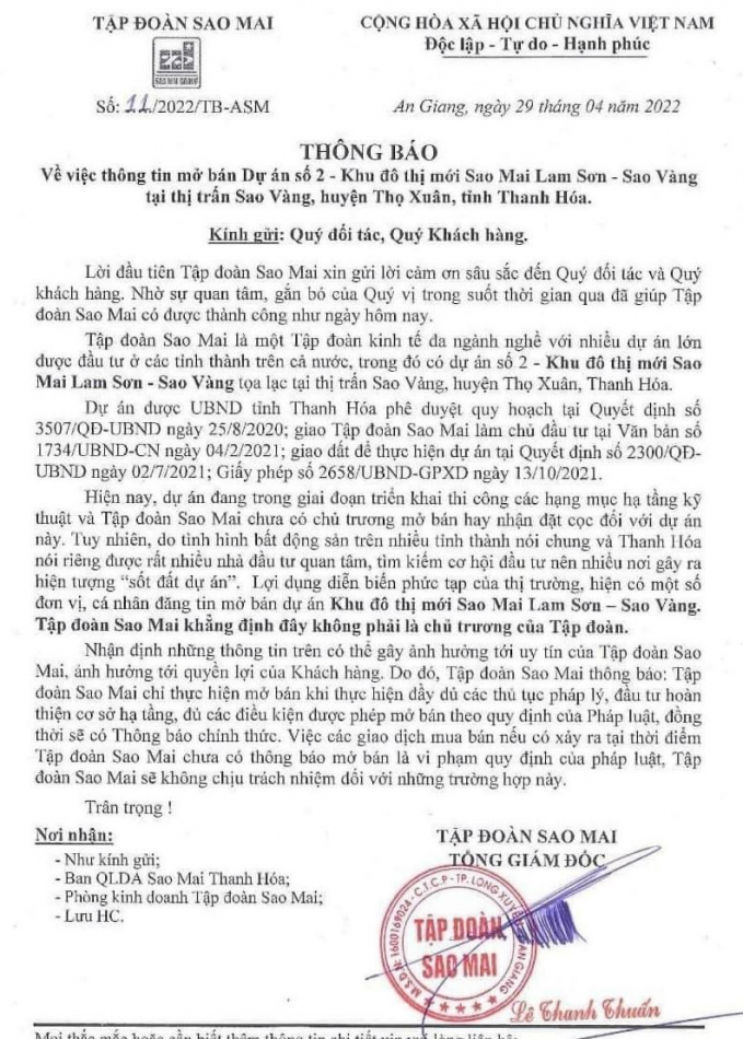 Thông báo của Tập đoàn Sao Mai tới khách hàng