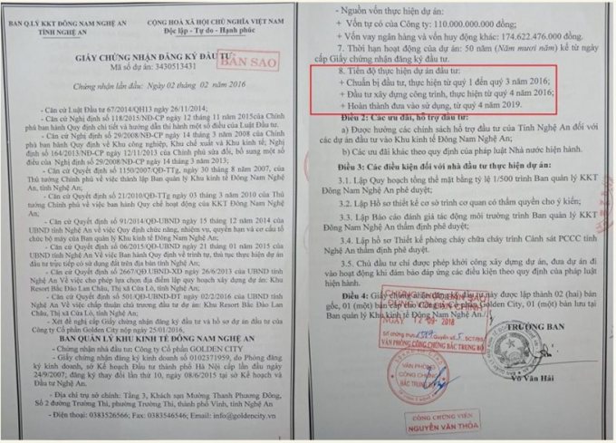 Theo giấy chứng nhận đăng ký đầu tư do Ban quản lý KKT Đông Nam Nghệ An cấp ngày 02/02/2016 thì tiến độ Golden Resort Cửa Lò dự kiến hoàn thành, đưa vào sử dụng từ quý 4/2019.