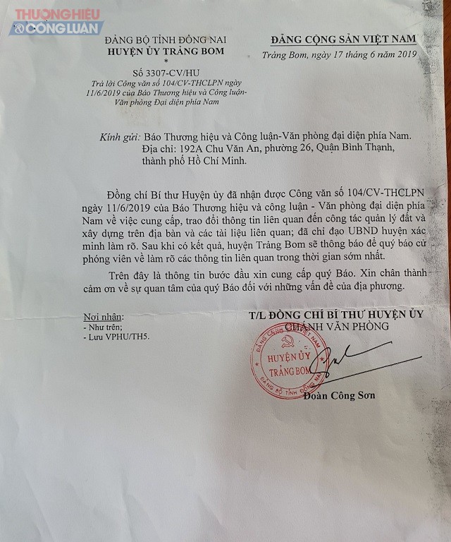 CV số 3307 của Huyện ủy Trảng Bom