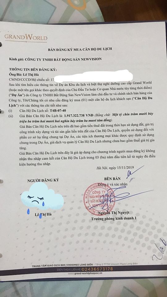Bản đăng ký mua bán Căn hộ của chị Hà