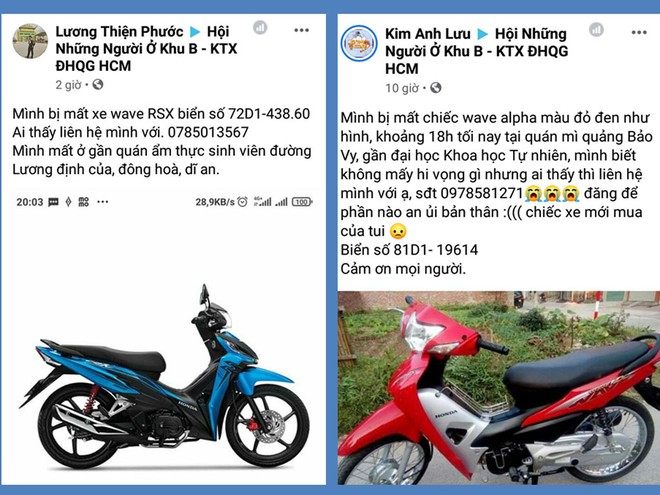 Sinh viên đăng thông tin lên mạng xã hội nhờ tìm kiếm xe bị mất. Ảnh chụp màn hình