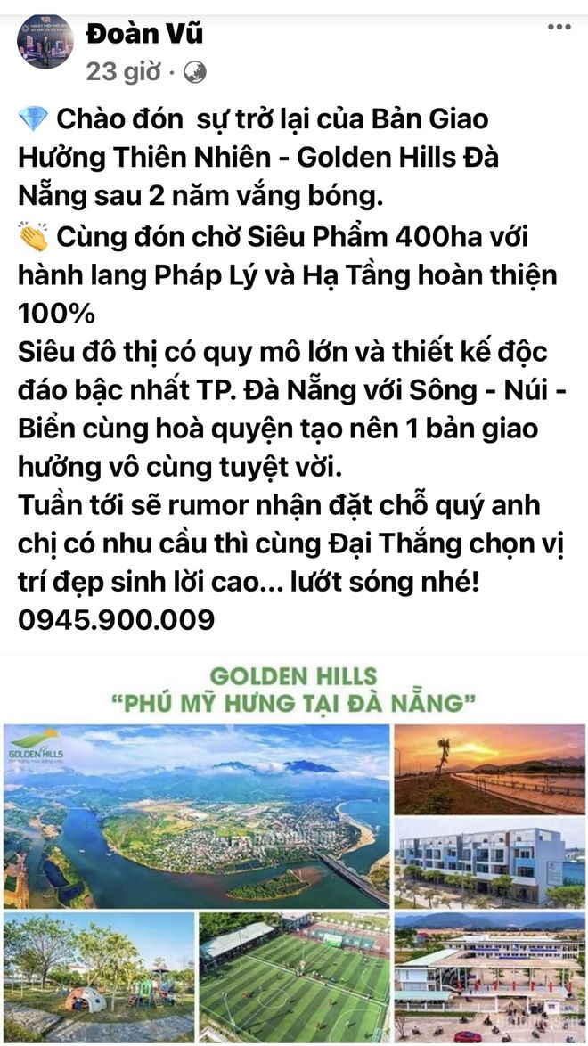 Mặc dù không biết, không nắm các giấy tờ pháp lý của Golden Hills nhưng ông Đoàn Công Vũ, Giám đốc sàn Đại Thắng miền Trung vẫn chạy thông tin nhận đặt chỗ ẢNH: NGUYỄN TÚ