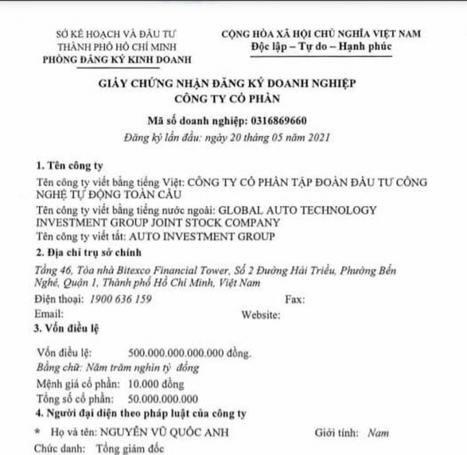 Doanh nghiệp đăng ký thành lập với vốn điều lệ 500.000 tỷ đồng.