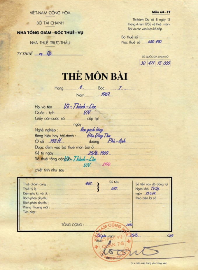 Thẻ môn bài của Gạch bông Đồng Tâm cấp cho ông Võ Thành Lân năm 1969