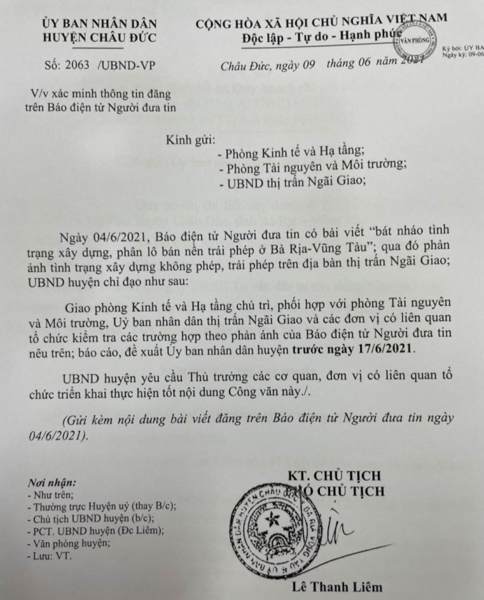 Công văn của UBND huyện Châu Đức chỉ đạo xác minh, làm rõ nội dung tạp chí Người Đưa Tin phản ánh.