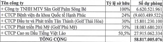 Tỷ lệ sở hữu các doanh nghiệp của Tổng Công ty Sản xuất – Xuất nhập khẩu Bình Dương (BCTC doanh nghiệp)