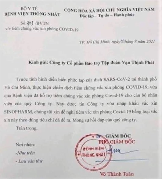 Văn bản lan truyền trên mạng xã hội chiều 1/8 do tiến sĩ Võ Thành Toàn - Phó giám đốc Bệnh viện Thống Nhất - ký tên, đóng dấu gửi Công ty Cổ phần Bảo trợ Tập đoàn Vạn Thịnh Phát được xác nhận là văn bản thật