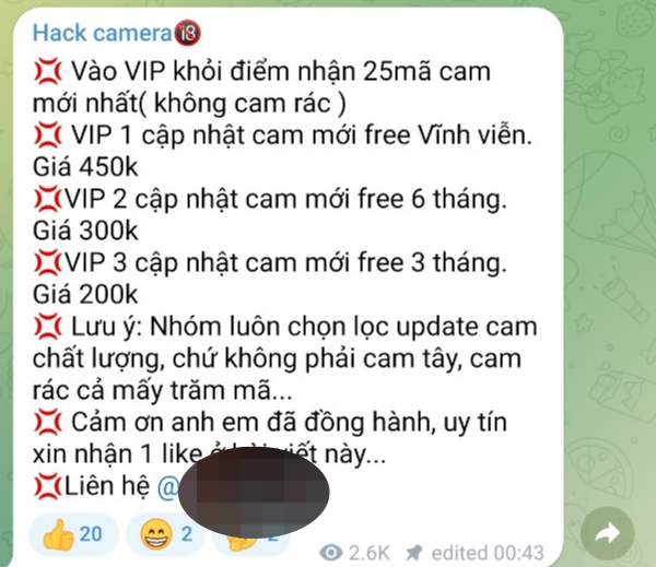 Tin nhắn để lại thông tin giá tiền để được vào Nhóm VIP của Admin một nhóm hack camera công khai ẢNH CHỤP MÀN HÌNH