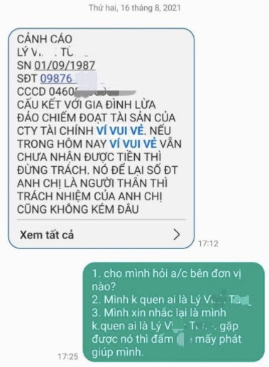 Tin nhắn đòi nợ và hình ảnh một nạn nhân bị đưa lên Facebook Ảnh: Dũng Hưng