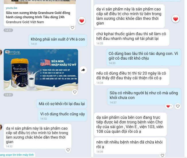 Bệnh nhân xương khớp không nên tin vào quảng cáo sai mà mua sữa GrandSure Gold sử dụng.