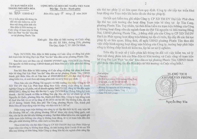 Văn bản số 8487/UBND-KT của UBND thành phố Biên Hòa về việc phản hồi thông tin đối với việc kiểm tra, xử lý theo nội dung phản ánh của Tạp chí điện tử Môi trường và Cuộc sống về trạm trộn bê tông Đại Lộc Phát “tra tấn” khu dân cư tại Phước Tân có quá nhiều “uẩn khúc”