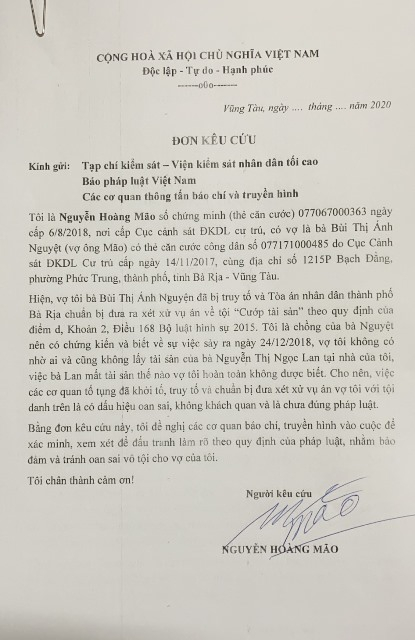 Đơn kêu oan cho vợ của ông Hoàng Mão.