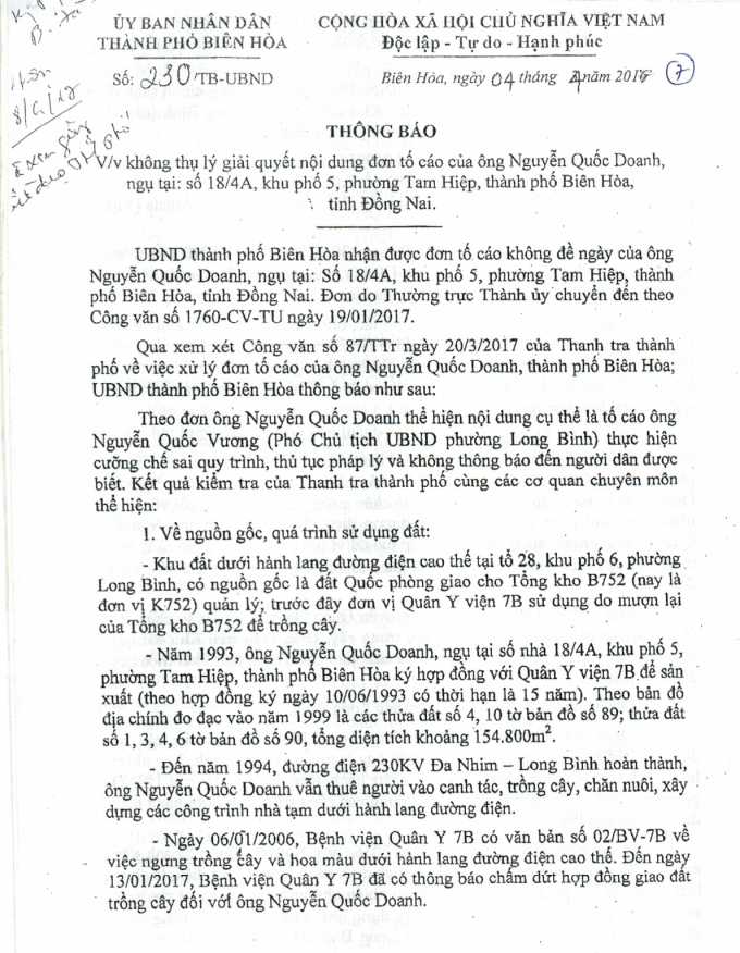Thông báo số 230/TB-UBND ngày 4/4/2016 của UBND TP Biên Hòa (trang 1)