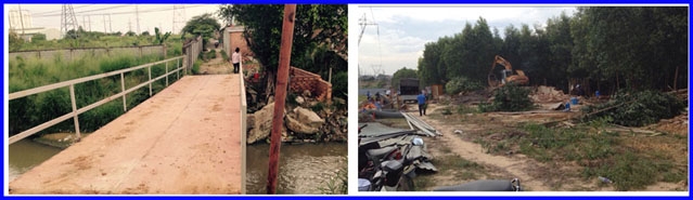 Cầu dân sinh trước khi bị bị cưỡng chế phá dỡ (ảnh trái) và nhà cửa, rừng tràm 5 năm tuổi không có Biên bản kê biên tài sản đang bị cưỡng chế phá dỡ, chặt hạ (ảnh phải).