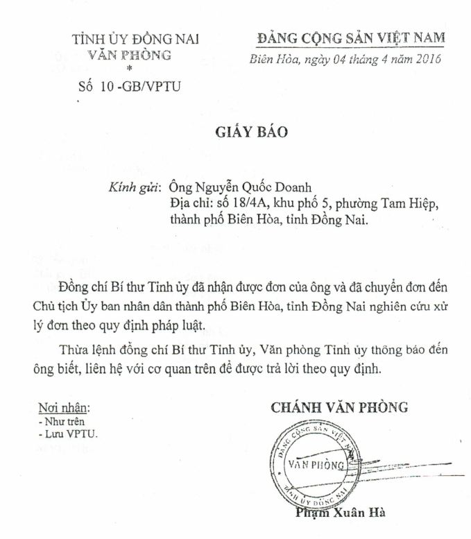 Giấy báo số 10-GB/VPTU ngày 4/4/2016 của Văn phòng Tỉnh ủy Đồng Nai