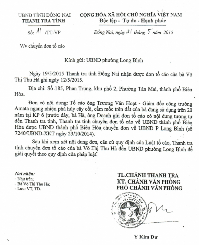 Văn bản số 11/TT-VP ngày 21/5/2015 của Thanh tra tỉnh Đồng Nai