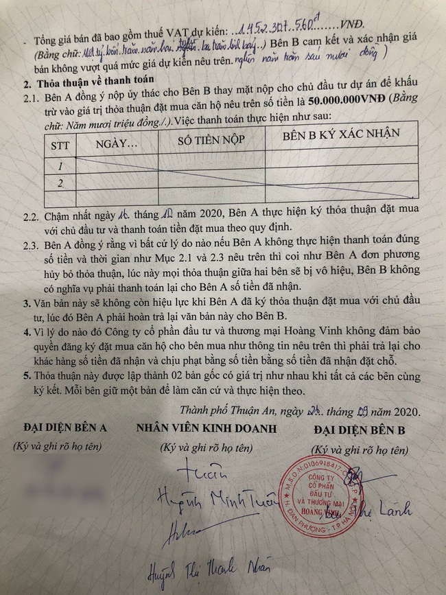 Công ty Hoàng Vinh đã tiến hành ký hợp đồng đặt cọc, giữ chỗ với nhiều khách hàng khi dự án đang được chuyển nhượng cho đơn vị khác. Việc khách hàng xuống tiền đầu tư căn hộ tại dự án Star Tower hiện nay không khác gì
