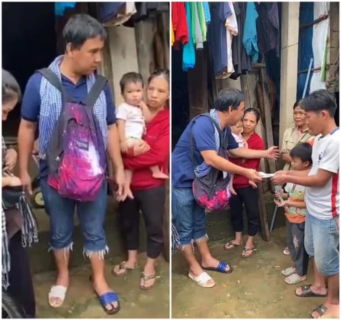 Hình ảnh MC Quyền Linh đi dép cọc cạch vì chiếc còn lại bị lũ cuốn trôi mất khiến dân tình không khỏi buồn cười.