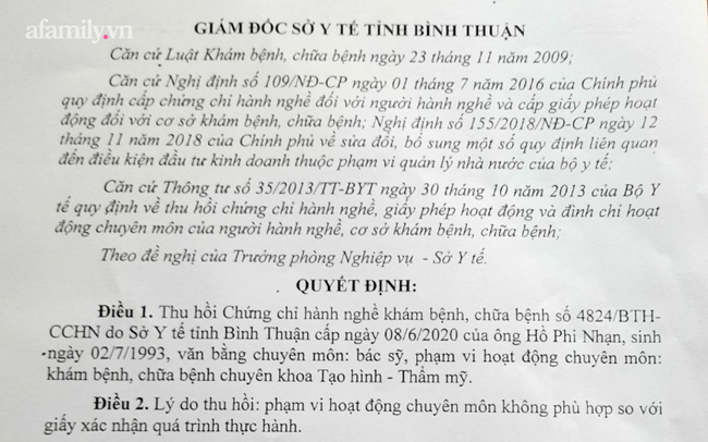 Sở Y tế Bình Thuận ra quyết định thu hồi CCHN của bác sĩ Hồ Phi Nhạn.