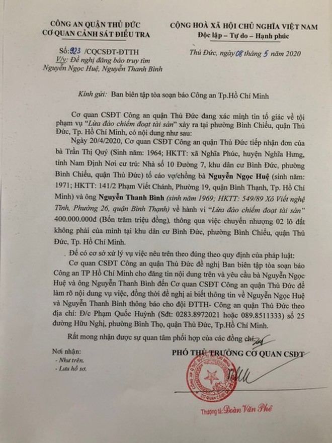 Công an quận Thủ Đức truy tìm vợ chồng bà Huệ, ông Bình ẢNH: ĐÌNH SƠN