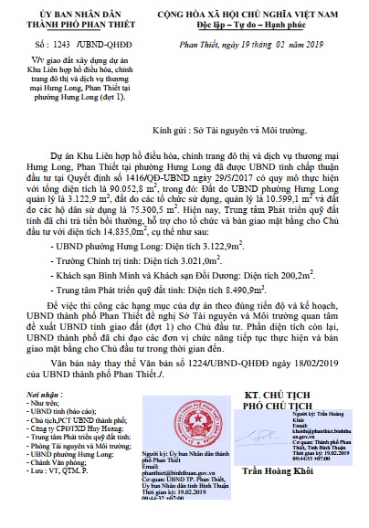 Văn bản giao đất số 1243/UBND - QHĐĐ, của UBND TP Phan Thiết cho doanh nghiệp.