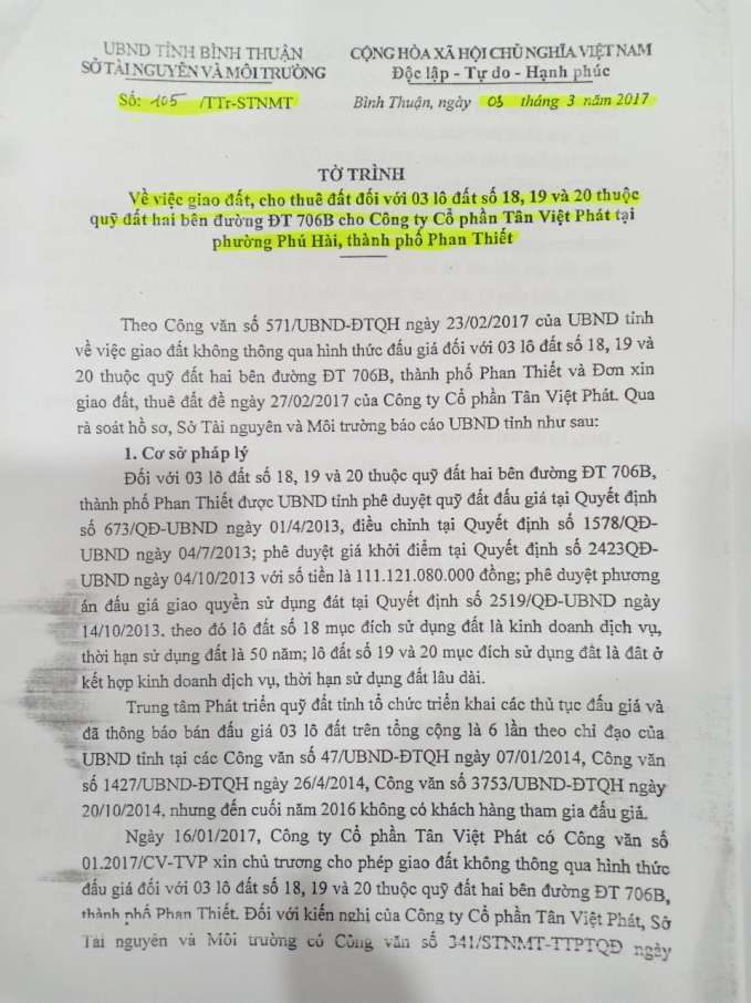 Tờ trình của Sở Tài nguyên và Môi trường Bình Thuận cho doanh nghiệp thuê đất không qua đấu giá.